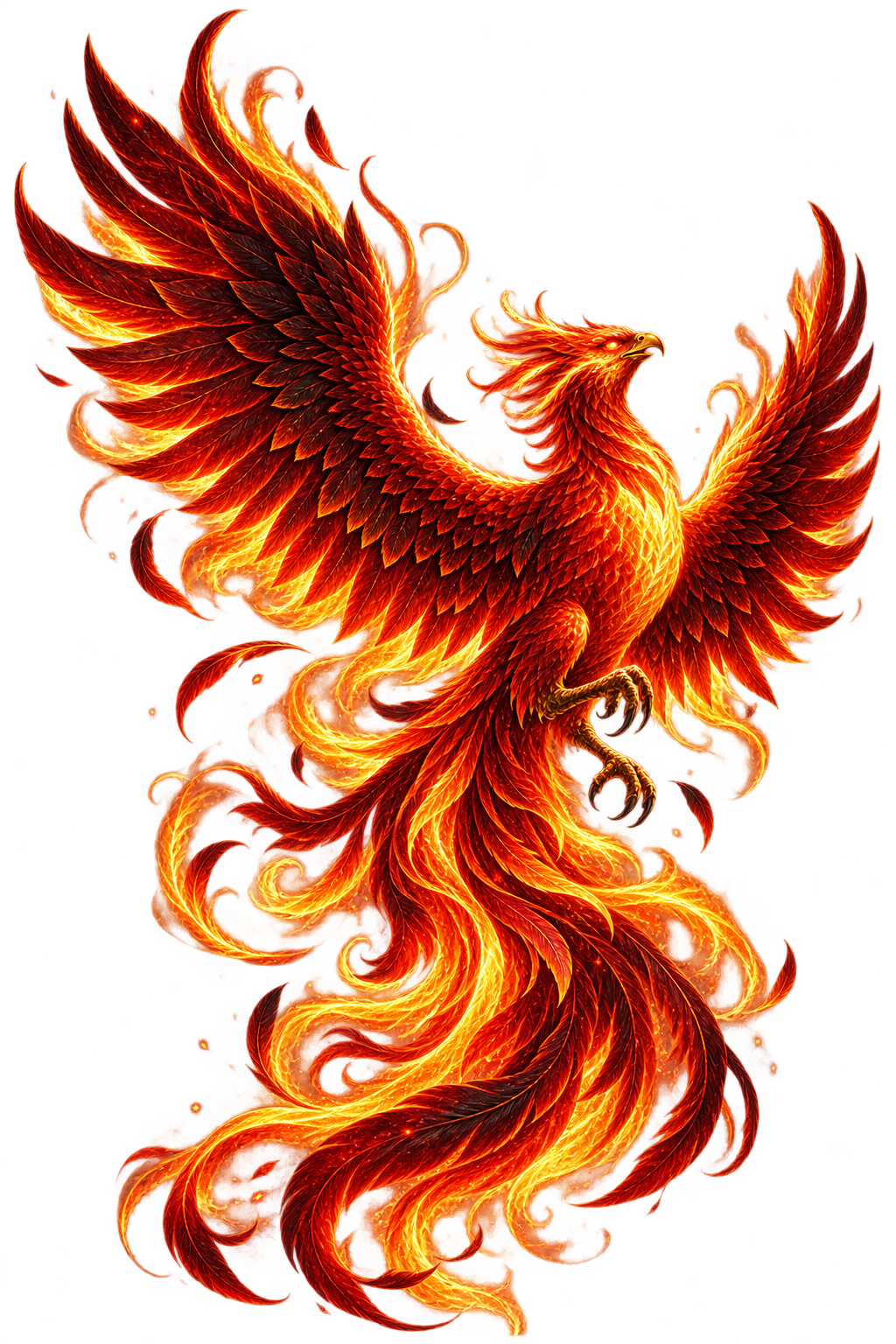 Original editorial illustration of a red and gold phoenix rising through flame
